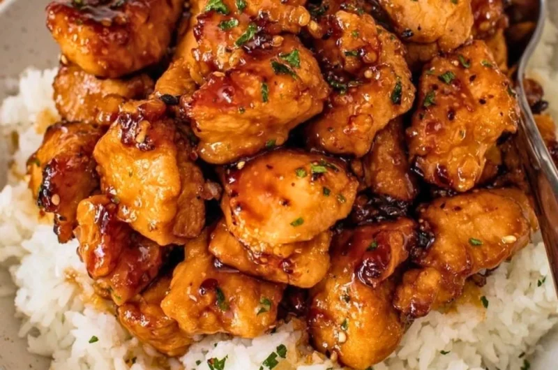 Honey Garlic Chicken Bites served on a plate with a side of vegetables