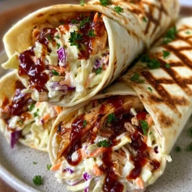 Delicious BBQ chicken wraps with coleslaw filling on a wooden table
