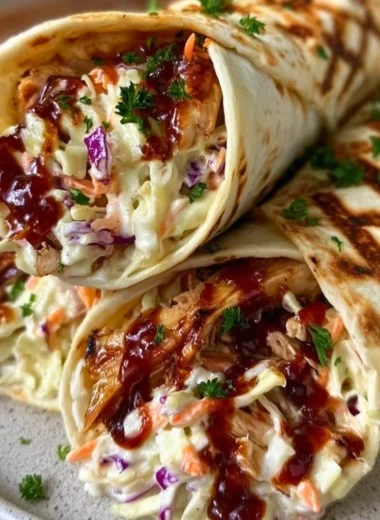 Delicious BBQ chicken wraps with coleslaw filling on a wooden table