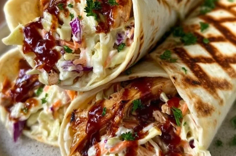 Delicious BBQ chicken wraps with coleslaw filling on a wooden table