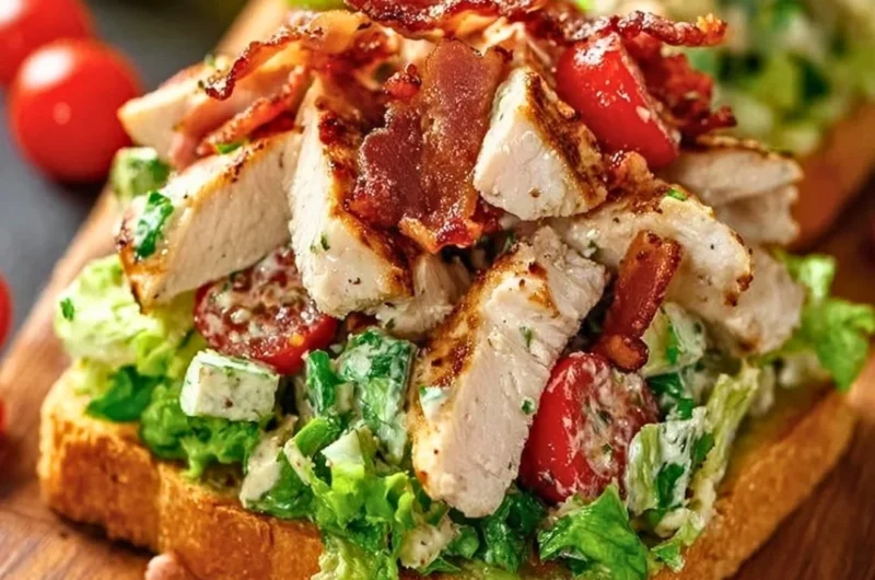 BLT Chicken Salad with chicken, bacon, lettuce, and tomatoes in a bowl