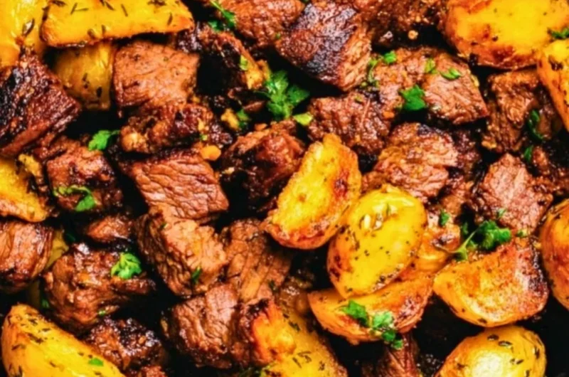 Delicious butter steak bites served with garlic herb potatoes on a plate
