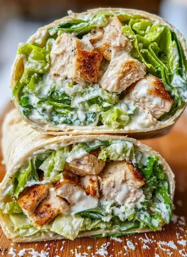 Chicken Caesar salad wraps with romaine, chicken, and Caesar dressing wrapped in a tortilla