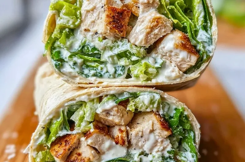 Chicken Caesar salad wraps with romaine, chicken, and Caesar dressing wrapped in a tortilla