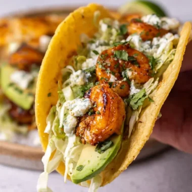Cilantro lime shrimp tacos with creamy slaw on a platter