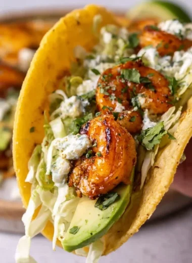 Cilantro lime shrimp tacos with creamy slaw on a platter