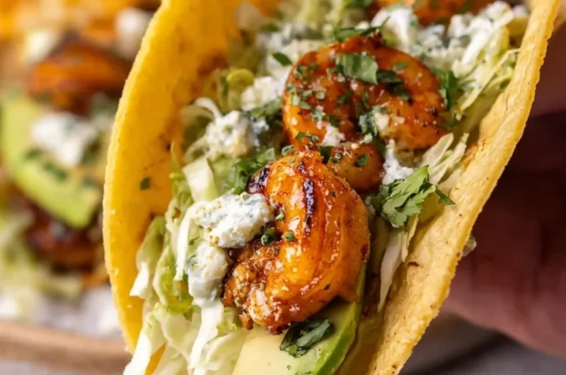 Cilantro lime shrimp tacos with creamy slaw on a platter