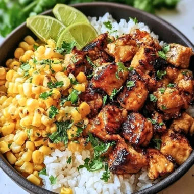 Colorful Chicken Rice Bowl topped with street corn and fresh vegetables