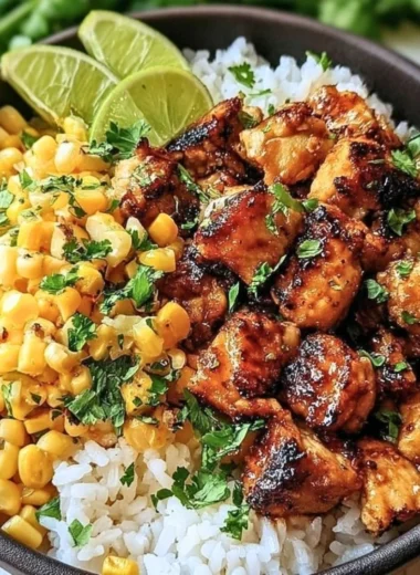Colorful Chicken Rice Bowl topped with street corn and fresh vegetables