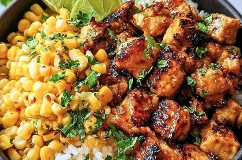 Colorful Chicken Rice Bowl topped with street corn and fresh vegetables