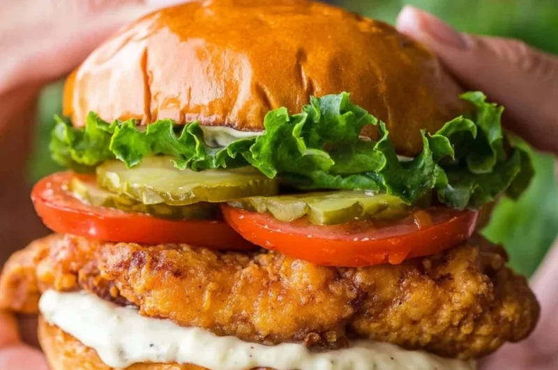 Crispy Chicken Sandwich with lettuce and sauce on a plate