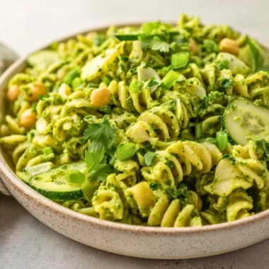 Delicious and colorful Green Goddess Pasta Salad with fresh vegetables.