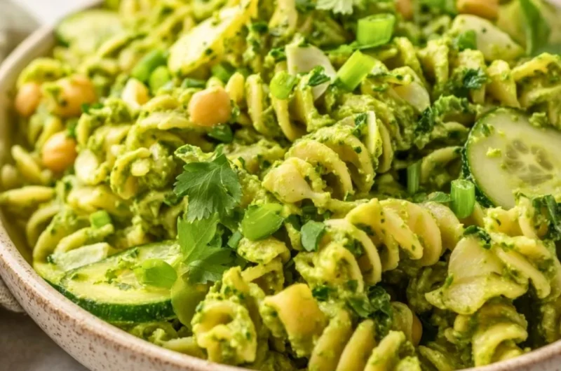 Delicious and colorful Green Goddess Pasta Salad with fresh vegetables.