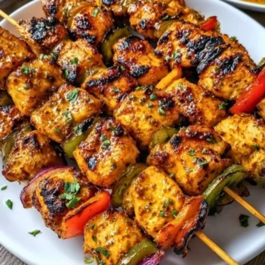 Grilled chicken skewers topped with cowboy butter, served on a platter.