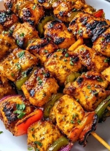 Grilled chicken skewers topped with cowboy butter, served on a platter.