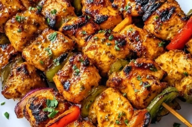Grilled chicken skewers topped with cowboy butter, served on a platter.