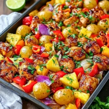 Hawaiian Pineapple Chicken Sheet Pan Dinner with colorful vegetables