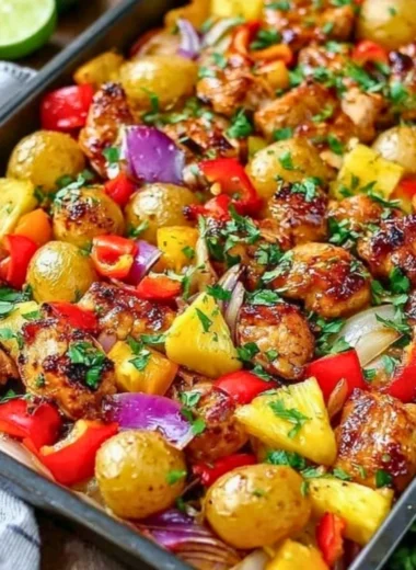 Hawaiian Pineapple Chicken Sheet Pan Dinner with colorful vegetables