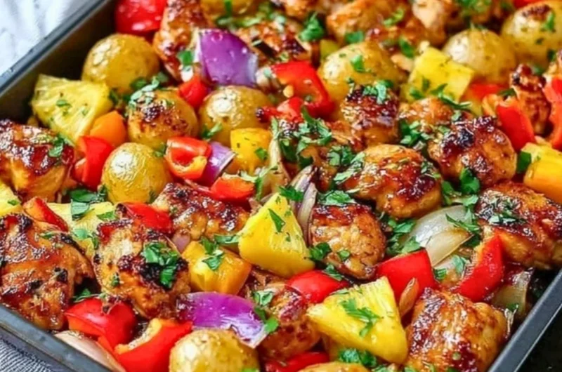 Hawaiian Pineapple Chicken Sheet Pan Dinner with colorful vegetables