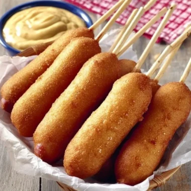 Delicious honey corn dogs served on a wooden platter with dipping sauce.