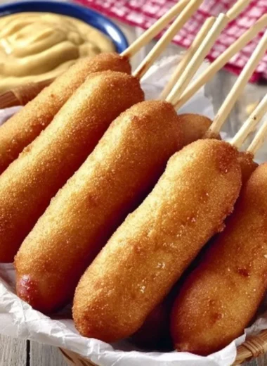 Delicious honey corn dogs served on a wooden platter with dipping sauce.