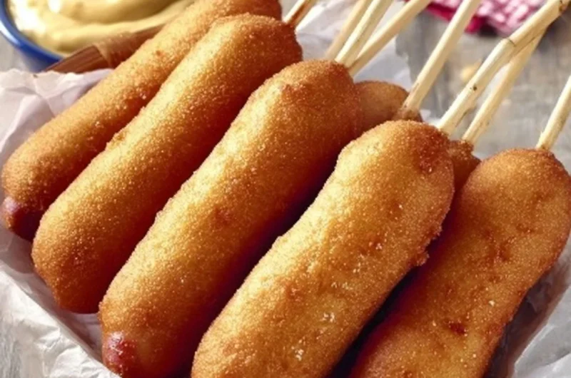 Delicious honey corn dogs served on a wooden platter with dipping sauce.