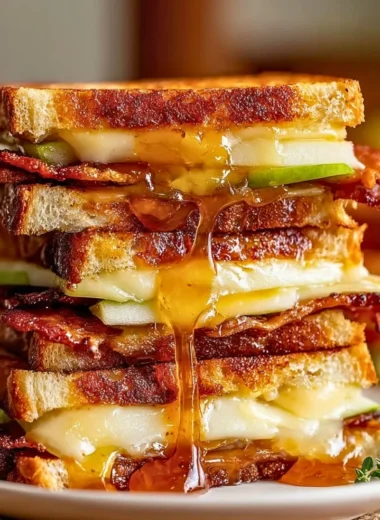 Delicious hot honey apple cheddar beef bacon grilled cheese sandwich