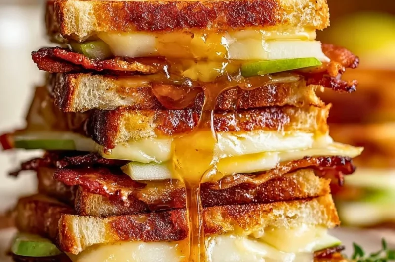 Delicious hot honey apple cheddar beef bacon grilled cheese sandwich