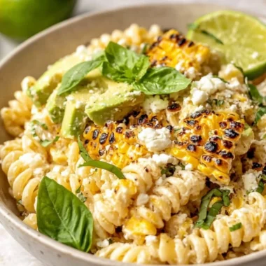 Juicy street corn pasta salad with fresh ingredients and vibrant colors.