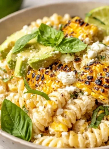 Juicy street corn pasta salad with fresh ingredients and vibrant colors.