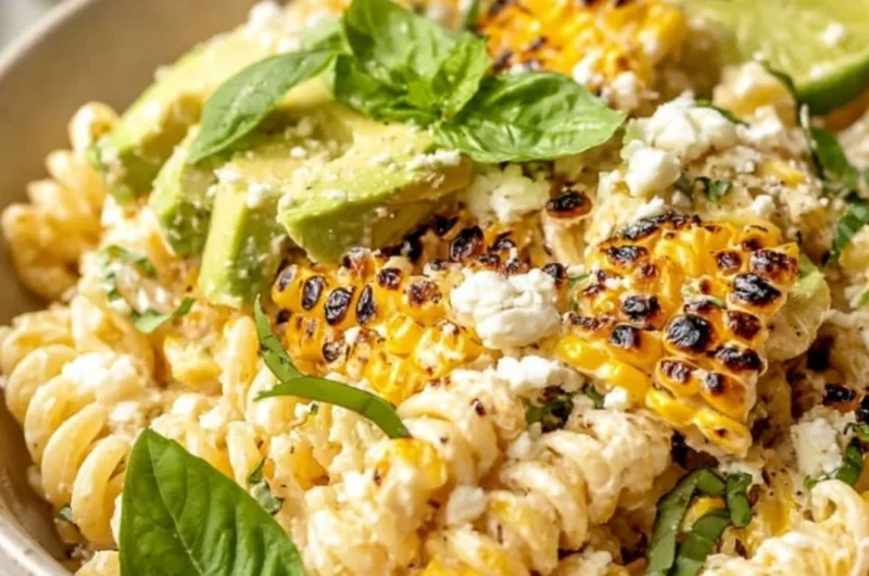 Juicy street corn pasta salad with fresh ingredients and vibrant colors.