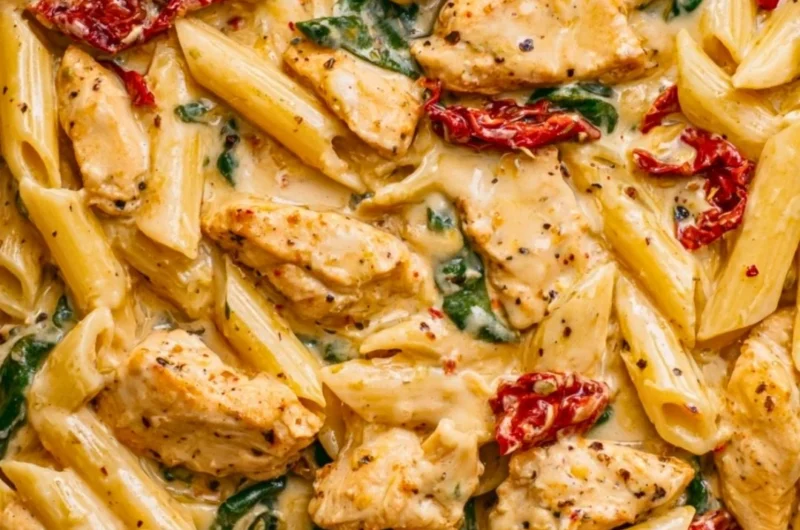 Delicious Marry Me Chicken Pasta garnished with herbs and pasta on a plate.