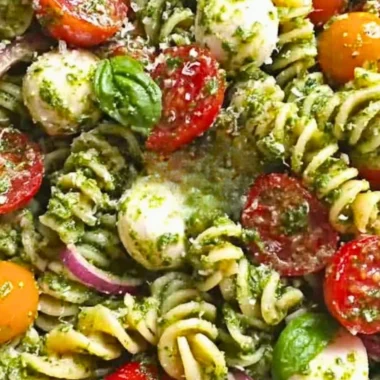 Pesto pasta salad featuring tomatoes and mozzarella, garnished with basil.