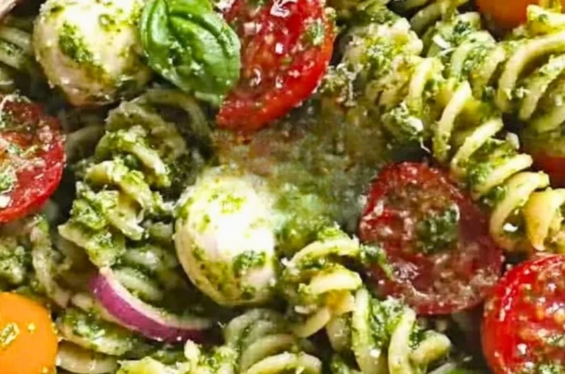 Pesto pasta salad featuring tomatoes and mozzarella, garnished with basil.