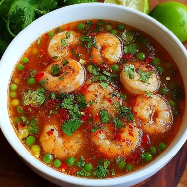 Bowl of quick and spicy shrimp soup garnished with herbs.