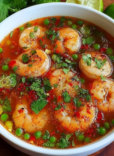 Bowl of quick and spicy shrimp soup garnished with herbs.