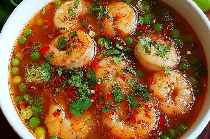 Bowl of quick and spicy shrimp soup garnished with herbs.