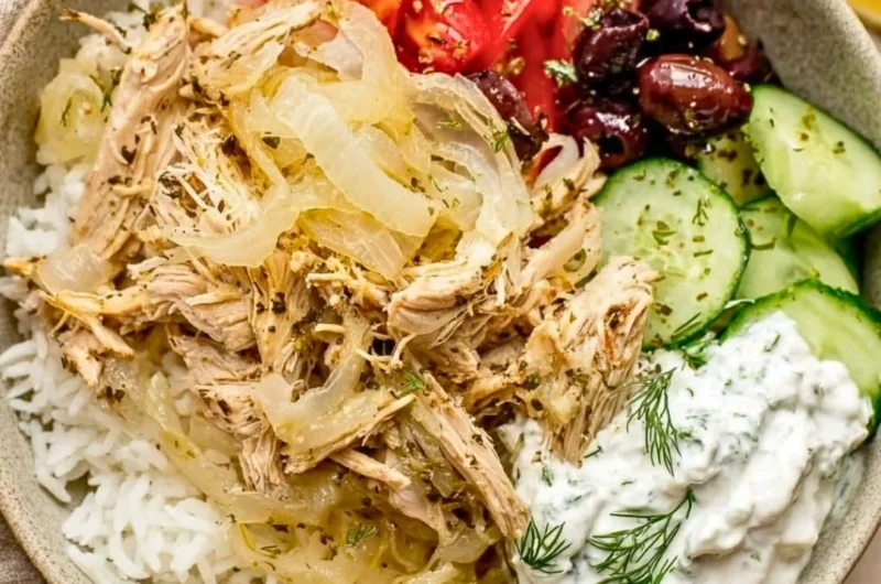 Slow cooker Greek chicken with herbs and vegetables ready to serve