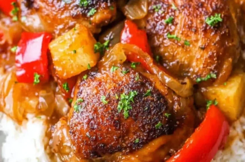 Slow Cooker Hawaiian Pineapple Chicken dish served with rice and garnished with green onions.