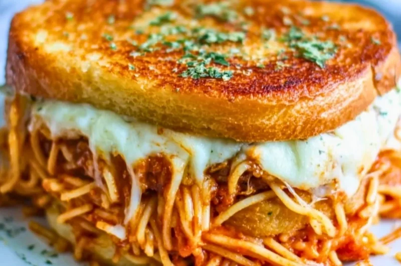 Delicious spaghetti grilled cheese sandwich served with marinara sauce