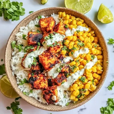 Delicious Street Corn Chicken Rice Bowl topped with fresh ingredients