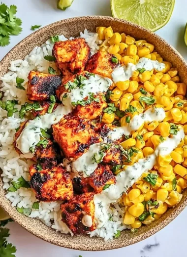 Delicious Street Corn Chicken Rice Bowl topped with fresh ingredients