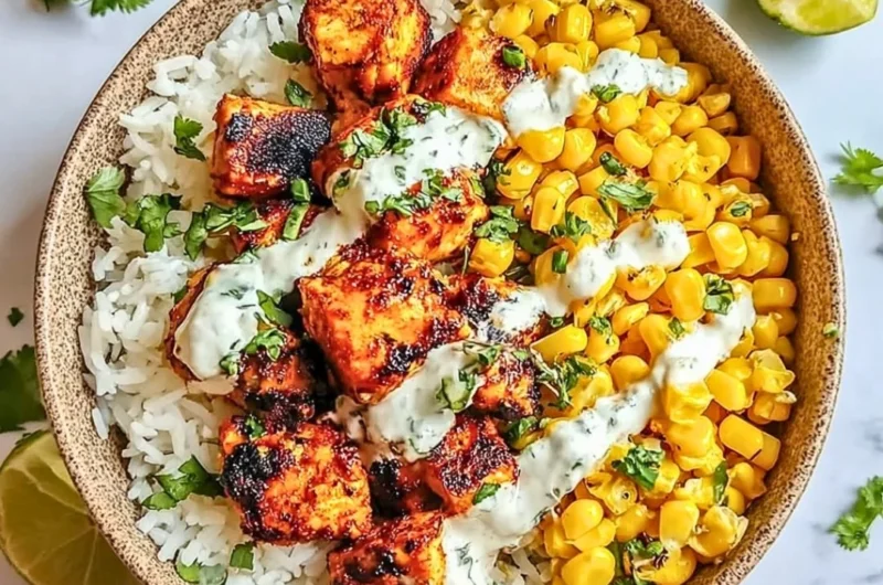 Delicious Street Corn Chicken Rice Bowl topped with fresh ingredients