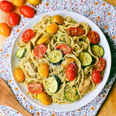 Summer Pasta: Parmesan Zucchini Tomato Chicken Spaghetti dish on a plate