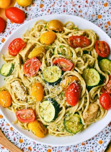 Summer Pasta: Parmesan Zucchini Tomato Chicken Spaghetti dish on a plate
