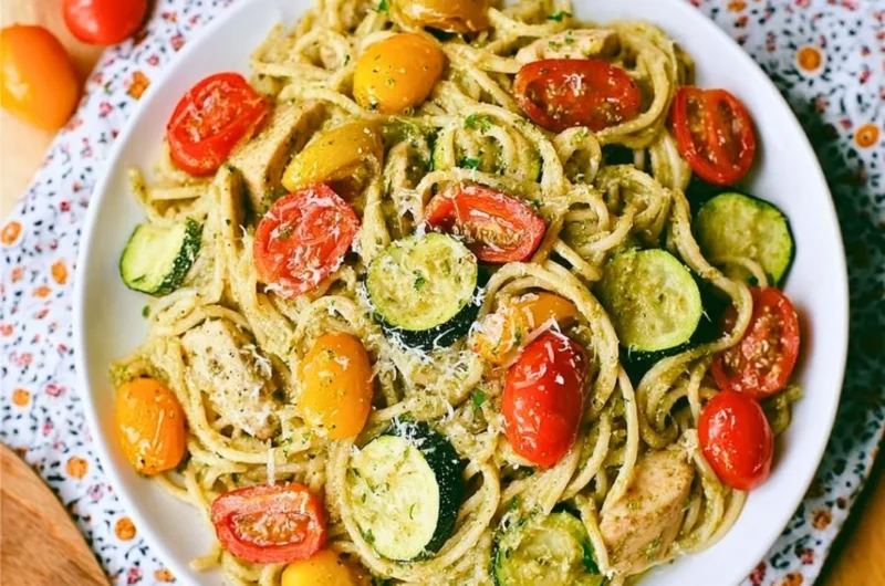 Summer Pasta: Parmesan Zucchini Tomato Chicken Spaghetti dish on a plate