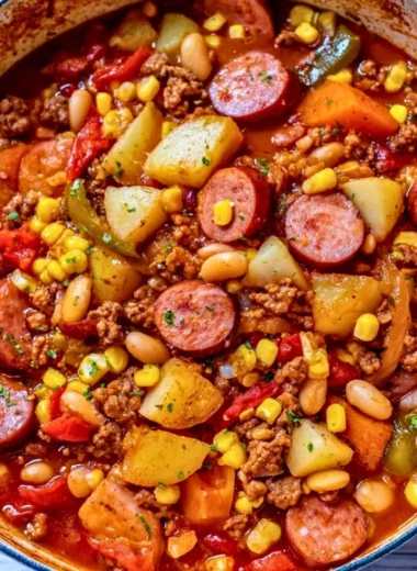 A bowl of Texas Cowboy Stew with ground beef, vegetables, and spices, served warm.