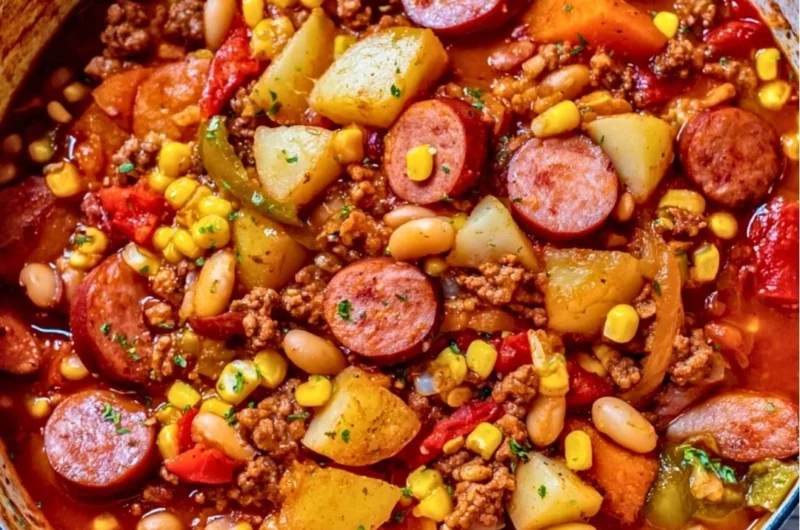 A bowl of Texas Cowboy Stew with ground beef, vegetables, and spices, served warm.