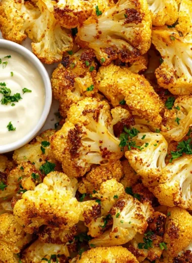 Crispy air fryer cauliflower served on a plate with herbs and spices