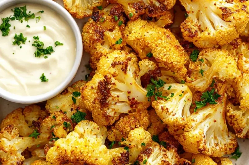 Crispy air fryer cauliflower served on a plate with herbs and spices